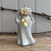 Load image into Gallery viewer, Porcelain Ceramic LED Light Up Ghost With Pumpkin Ornament