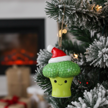 Load image into Gallery viewer, Ceramic Smiling Broccoli With Santa Hat Ornament