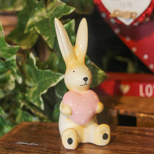 Ceramic Soft Brown Bunny Holding Pink Heart