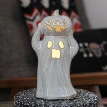 Load image into Gallery viewer, Porcelain Ceramic LED Light Up Ghost With Pumpkin Ornament