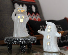 Load image into Gallery viewer, Porcelain Ceramic LED Light Up Ghost With Pumpkin Ornament