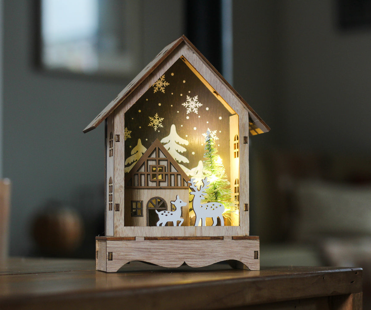 Wooden LED Light Up House With Festive Deer Cut Out Scene Derbyshire
