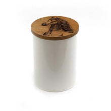 Load image into Gallery viewer, White Metal Canister With Engraved Wooden Horse Lid - Various Sizes