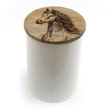 Load image into Gallery viewer, White Metal Canister With Engraved Wooden Horse Lid - Various Sizes