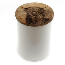 Load image into Gallery viewer, White Metal Canister With Engraved Wooden Highland Cow Lid - Various Sizes