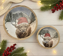 Load image into Gallery viewer, Mango Wood Festive Highland Cow With Santa Hat Serving Bowls - Various Sizes