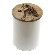 Load image into Gallery viewer, White Metal Canister With Engraved Wooden Horse Lid - Various Sizes
