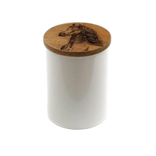 Load image into Gallery viewer, White Metal Canister With Engraved Wooden Horse Lid - Various Sizes