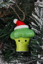 Load image into Gallery viewer, Ceramic Smiling Broccoli With Santa Hat Ornament