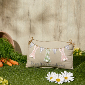 'Every Bunny Welcome' Natural Look Decorative Cushion With Embroidery & Applique