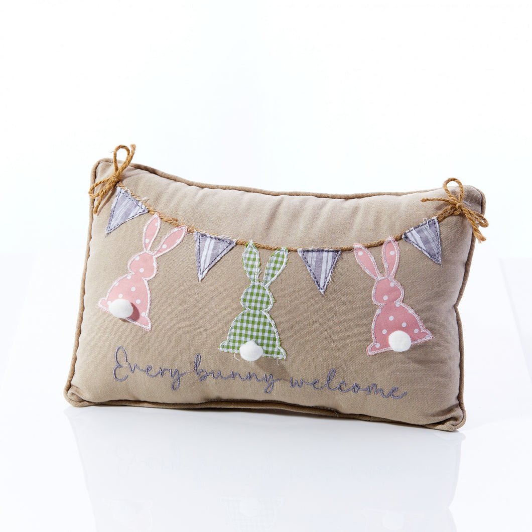'Every Bunny Welcome' Natural Look Decorative Cushion With Embroidery & Applique