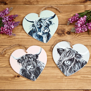 Ceramic Highland Cow Hanging Heart Ornament - Various Colours