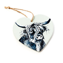 Load image into Gallery viewer, Ceramic Highland Cow Hanging Heart Ornament - Various Colours
