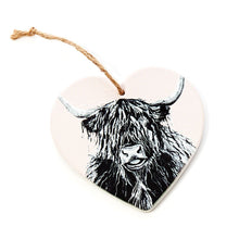 Load image into Gallery viewer, Ceramic Highland Cow Hanging Heart Ornament - Various Colours
