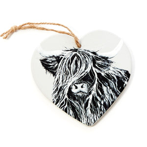 Ceramic Highland Cow Hanging Heart Ornament - Various Colours