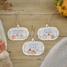 Load image into Gallery viewer, Ceramic Pumpkin Ornament With Seasonal Sayings
