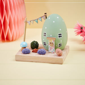 Wooden Easter Egg House With Toadstool, Bushes & Wooden Bunting