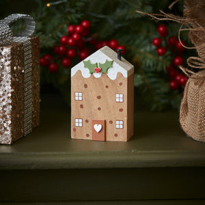 Christmas Pudding Wooden House Block With Holly