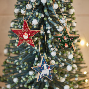 Mango Wood & Enamel Star Christmas Tree Ornaments - Various Designs