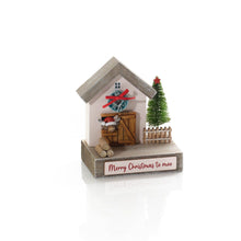 Load image into Gallery viewer, Wooden Christmas House Ornament With Highland Cow &amp; Bottlebrush Tree
