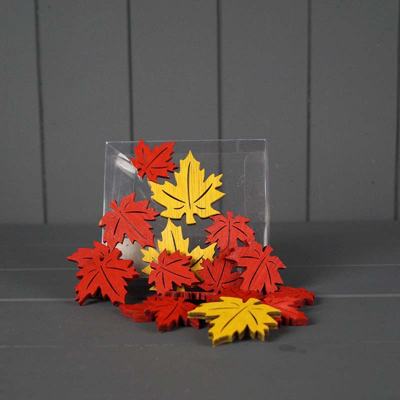 Set of 18 Red & Yellow Wooden Leaves