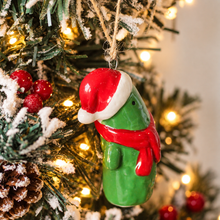 Load image into Gallery viewer, Festive Pickle With Scarf &amp; Santa Hat Ornament
