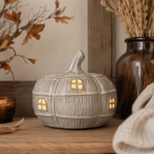 Load image into Gallery viewer, Stoneware Ceramic LED Light Up Pumpkin House
