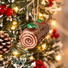 Load image into Gallery viewer, Ceramic Happy Yule Log Ornament

