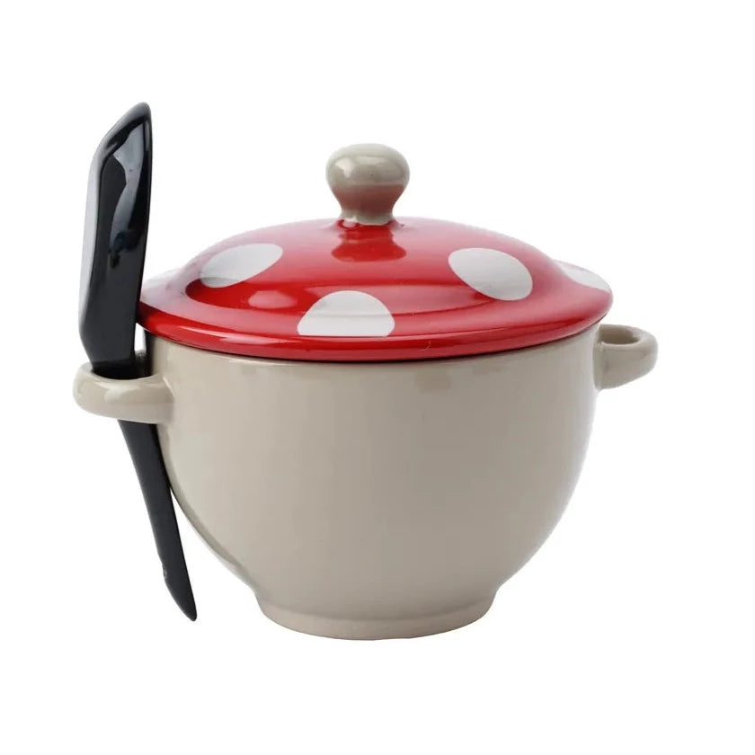 Toadstool Ceramic Soup Bowl With Lid & Spoon