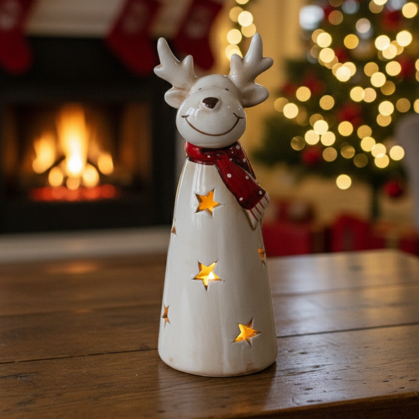 Ceramic LED Light Up Reindeer Decoration With Cut Out Stars