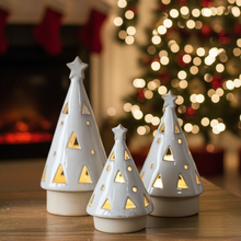 Load image into Gallery viewer, Stoneware Ceramic LED Light Up Festive Tree Ornaments With Cut Out Design - Various Sizes
