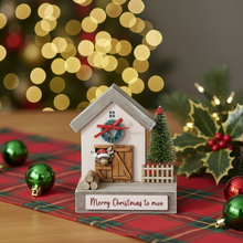 Load image into Gallery viewer, Wooden Christmas House Ornament With Highland Cow &amp; Bottlebrush Tree
