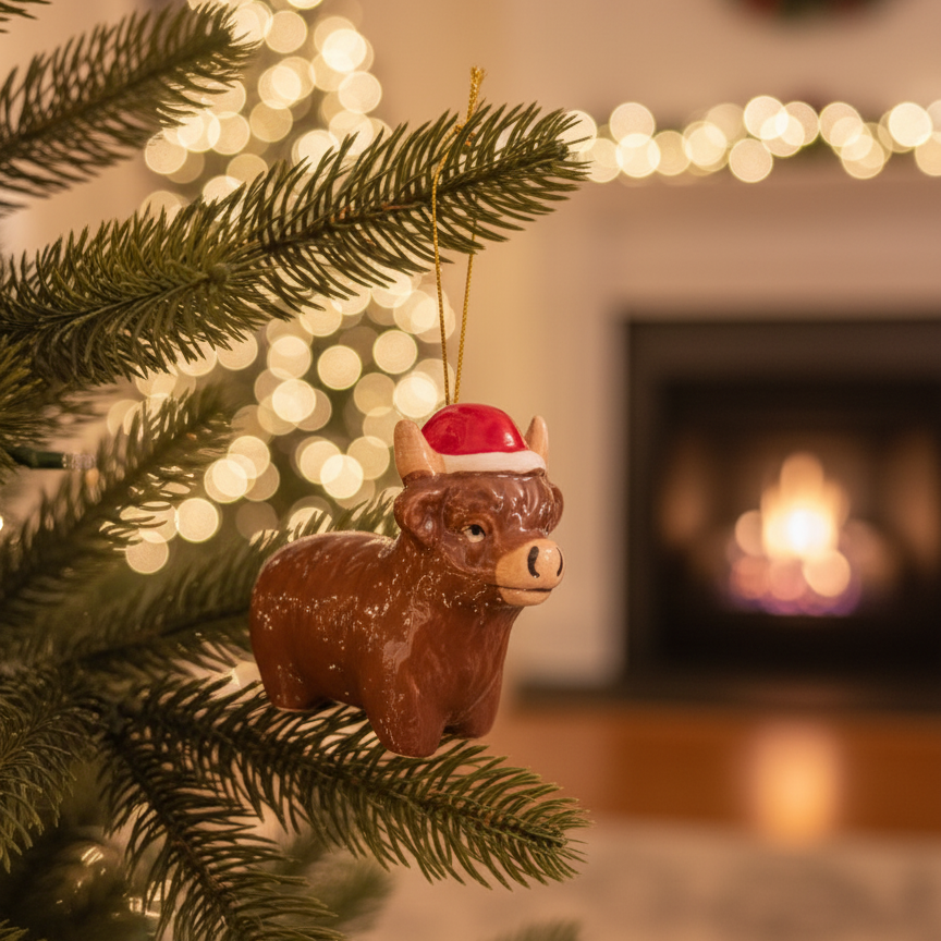 Ceramic Highland Cow With Santa Hat Hanging Ornament