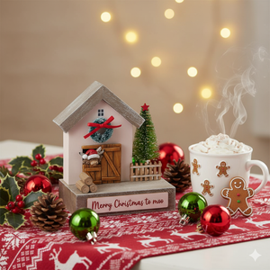 Wooden Christmas House Ornament With Highland Cow & Bottlebrush Tree