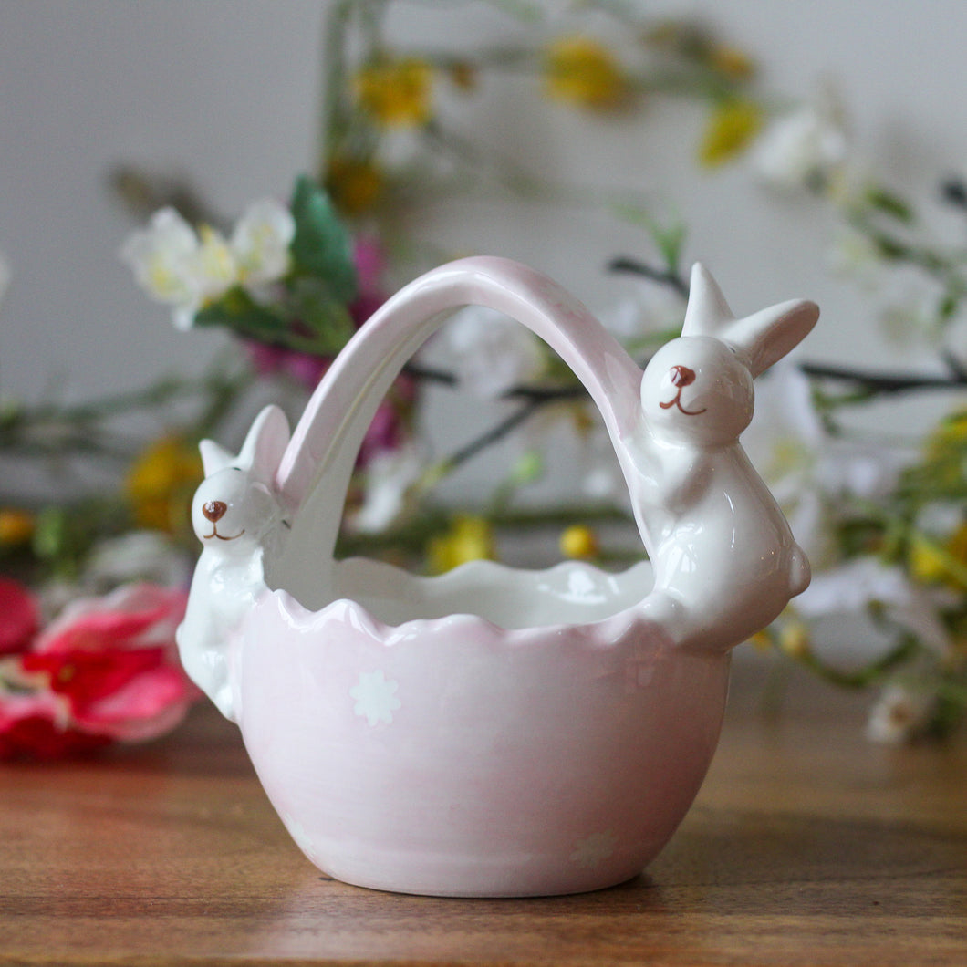 Pink Ceramic Easter Basket With Two Bunnies