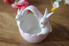 Load image into Gallery viewer, Pink Ceramic Easter Basket With Two Bunnies
