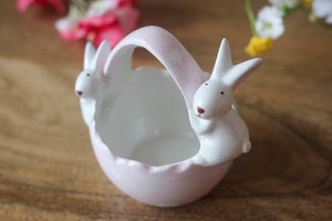 Pink Ceramic Easter Basket With Two Bunnies