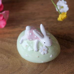 Ceramic Bunny On Green Spotty Egg Ornament