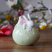 Load image into Gallery viewer, Ceramic Bunny On Green Spotty Egg Ornament
