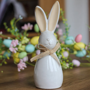 Ceramic Rabbit With Hessian Bow in Natural Glaze - Various Sizes