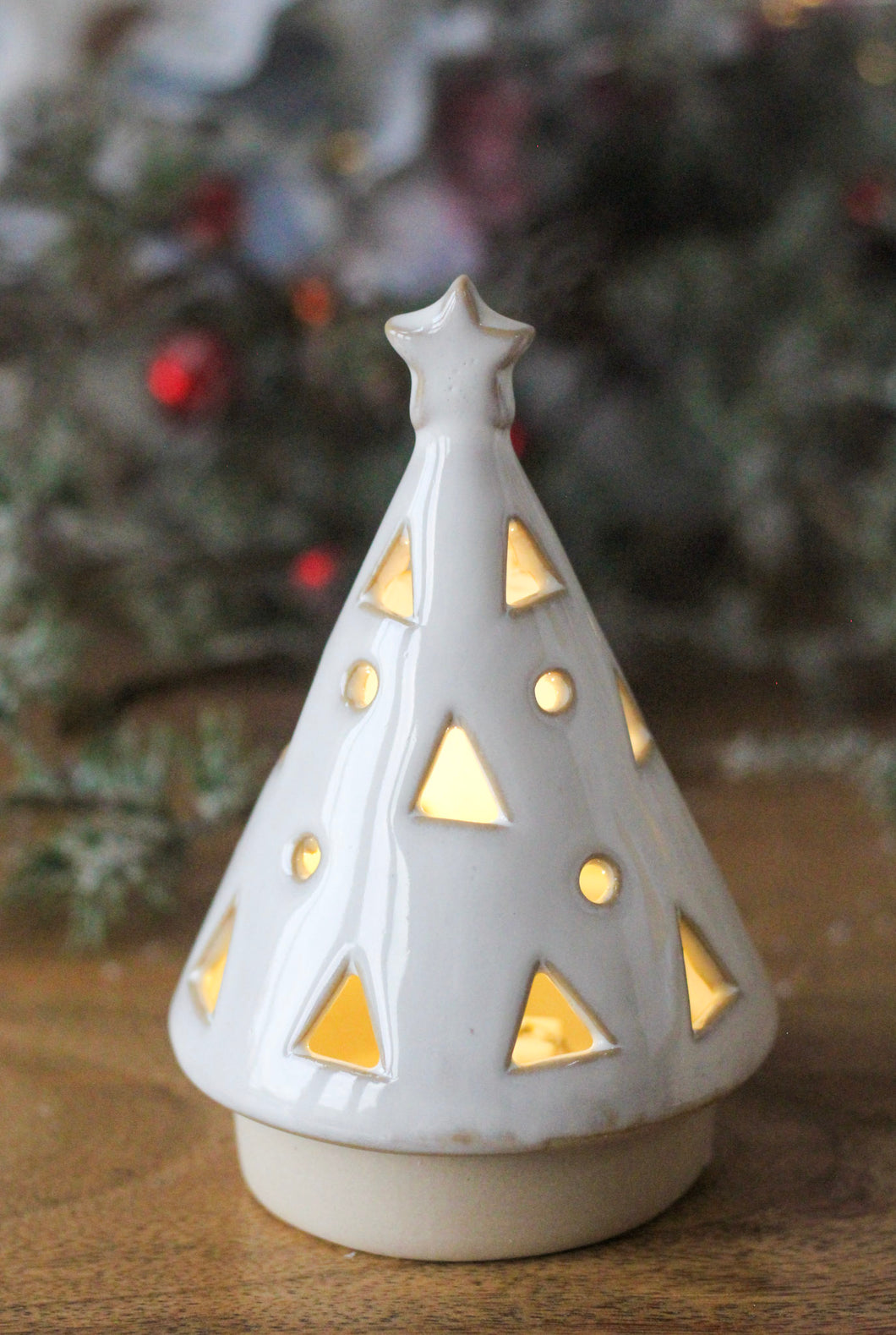 Stoneware Ceramic LED Light Up Festive Tree Ornaments With Cut Out Design - Various Sizes