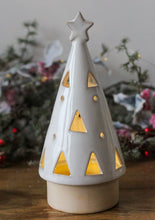 Load image into Gallery viewer, Stoneware Ceramic LED Light Up Festive Tree Ornaments With Cut Out Design - Various Sizes
