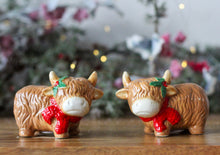 Load image into Gallery viewer, Festive Highland Cow Salt &amp; Pepper Pots
