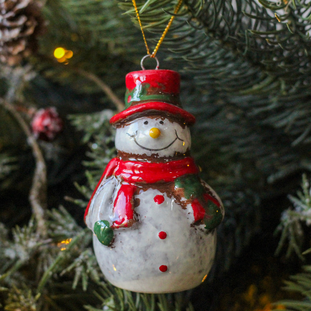 Rustic Speckled Ceramic Snowman Ornament