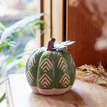 Load image into Gallery viewer, Large Ceramic Green Glazed Pumpkin With Metal Leaf
