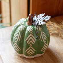 Load image into Gallery viewer, Large Ceramic Green Glazed Pumpkin With Metal Leaf
