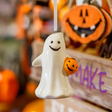 Load image into Gallery viewer, Ceramic Ghost With Pumpkin Hanging Ornament - Derbyshire Gift Centre

