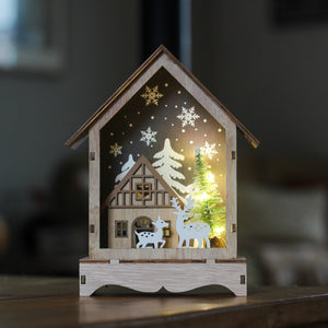 Wooden LED Light Up House With Festive Deer Cut Out Scene