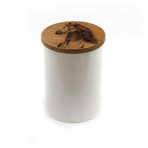 White Metal Canister With Engraved Wooden Horse Lid - Various Sizes