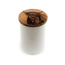 Load image into Gallery viewer, White Metal Canister With Engraved Wooden Highland Cow Lid - Various Sizes
